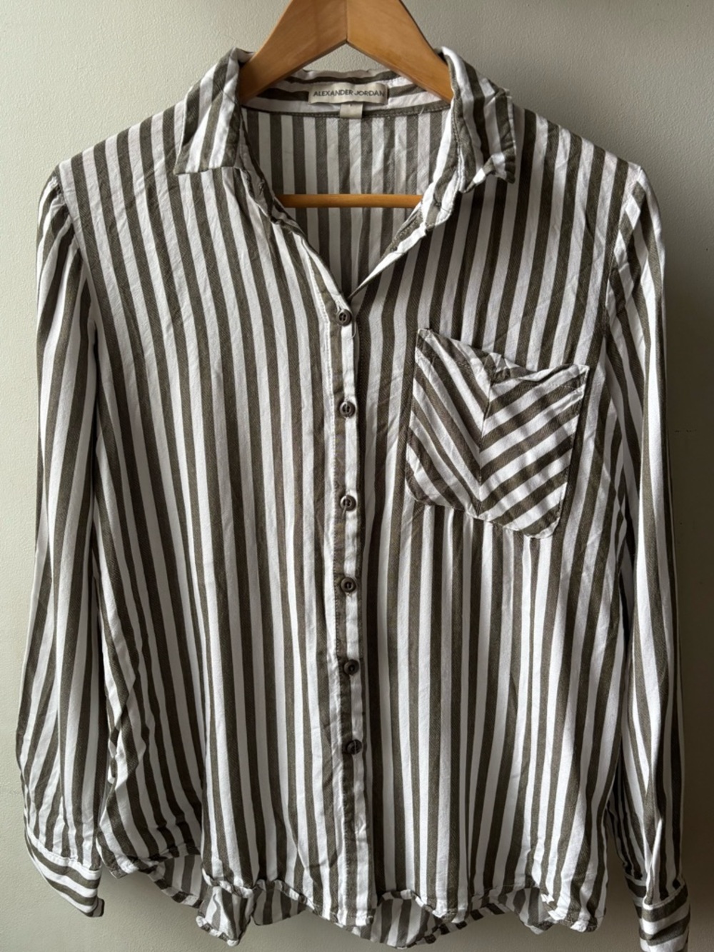 Woman’s Vertical Stripe Button-Up Shirt - White & Brown
